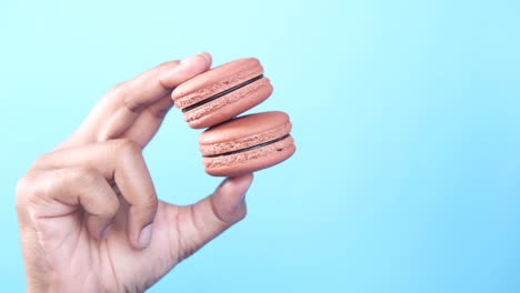 hand holding two chocolate macarons