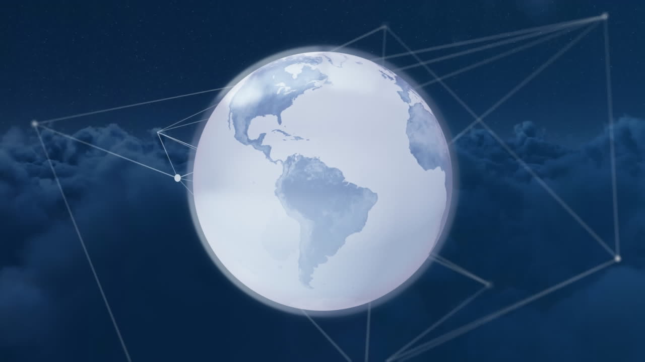 animación del globo y los puntos conectados sobre vista aérea de nubes densas en el cielo