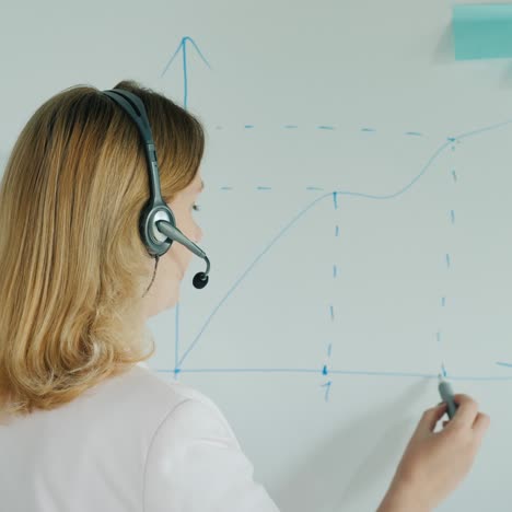 teacher in headset draws graph on board