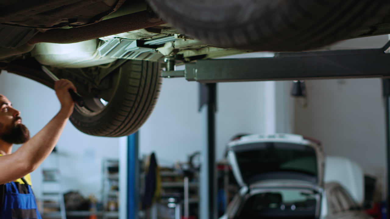 el empleado inspecciona el coche en el ascensor superior