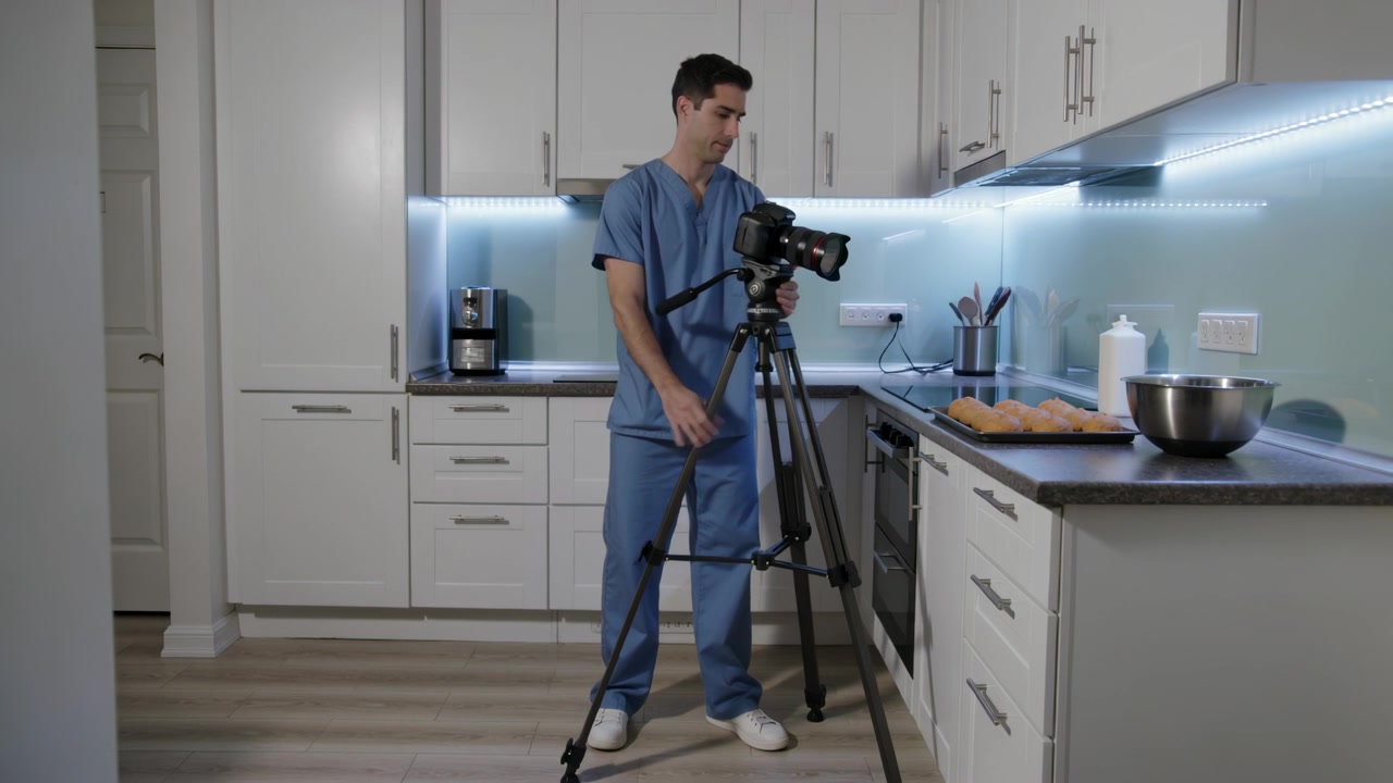 Hombre con uniforme médico azul entrando a la cocina, ajustando el trípode de la cámara DSLR hacia la encimera para encuadrar panecillos y un tazón.