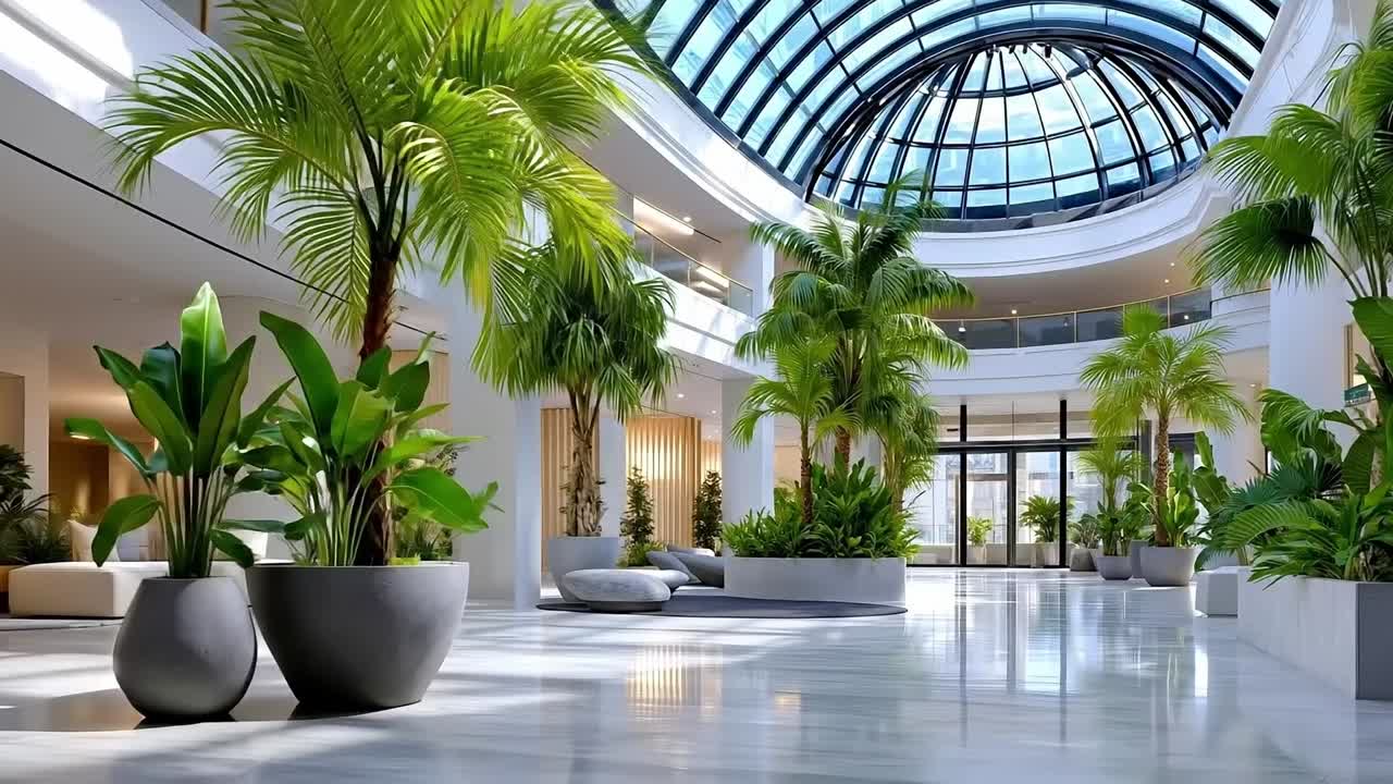 A large lobby with plants in pots and a skylight above it