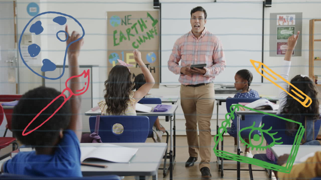 Holding tablet, teacher in school with students raising hands, art supplies animation