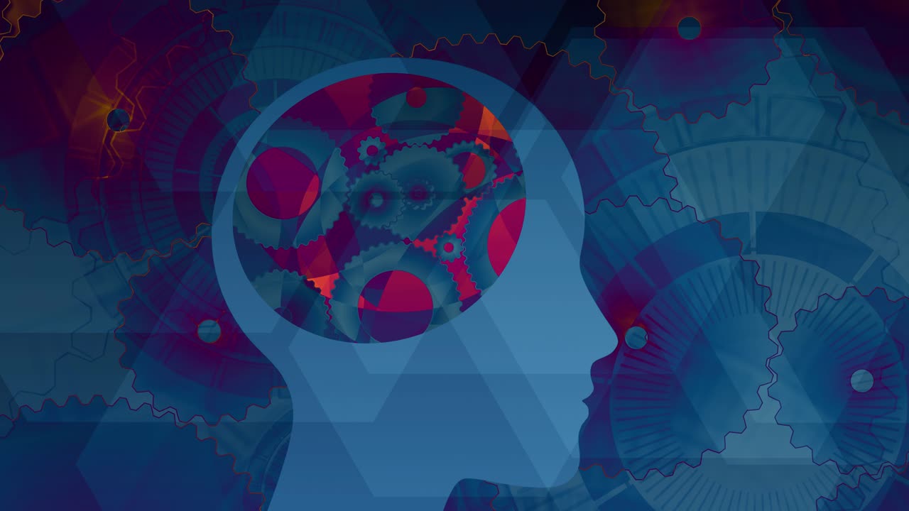 아이디어, 지식, 학습 및 비즈니스 전략을 상징하는 회전하는 톱니바퀴와 시계 장치 요소가 있는 인지 메커니즘 또는 기계식 두뇌, 반복 가능한 애니메이션