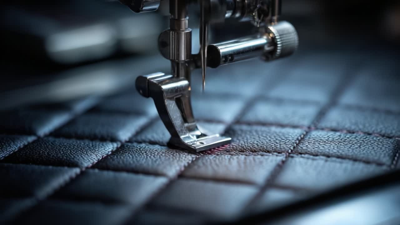 Nahaufnahme einer Nähmaschine, die detaillierte Muster mit filigraner Präzision und Handwerkskunst auf Leder stickt, in zwei Bildern festgehalten