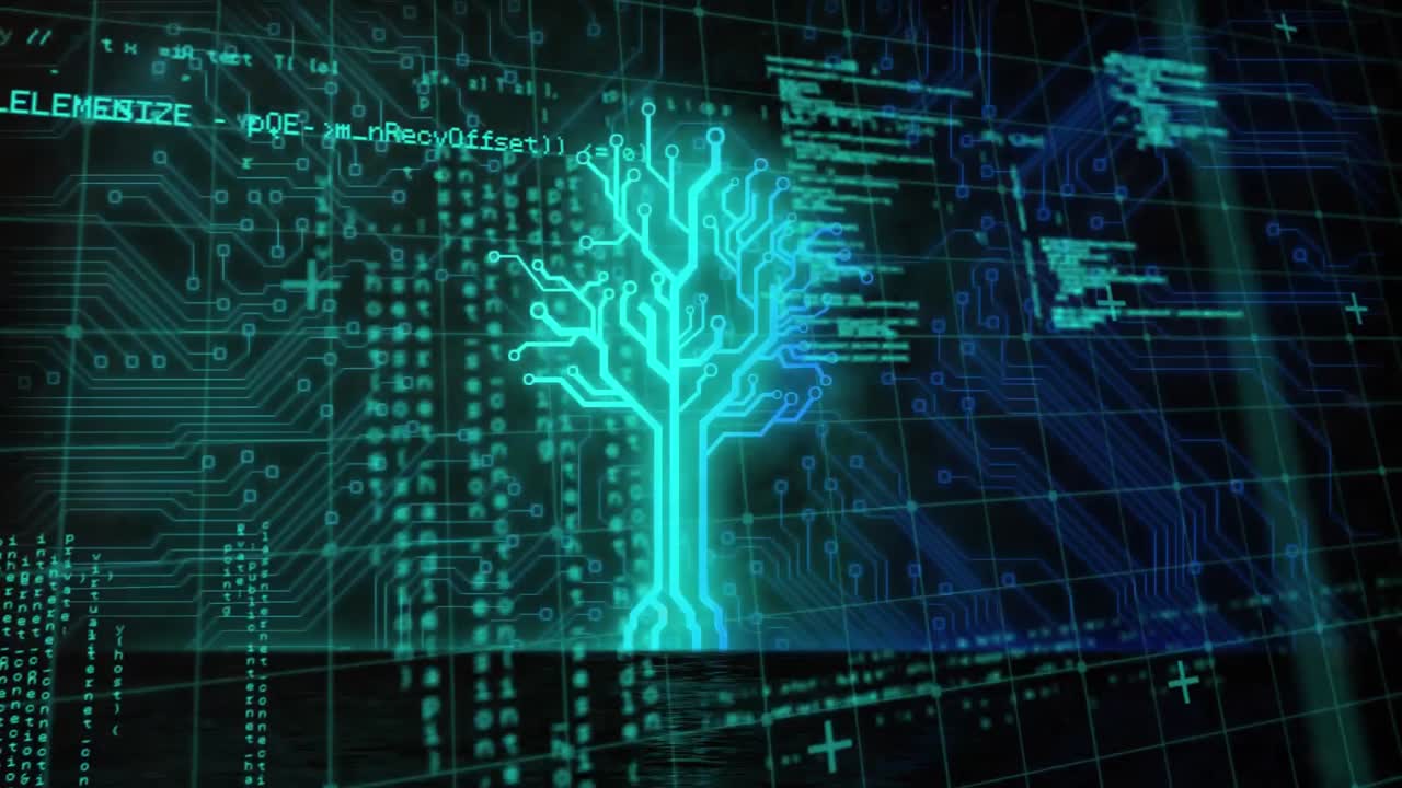 Animation of a neon, blue tree over data processing and statistics.
