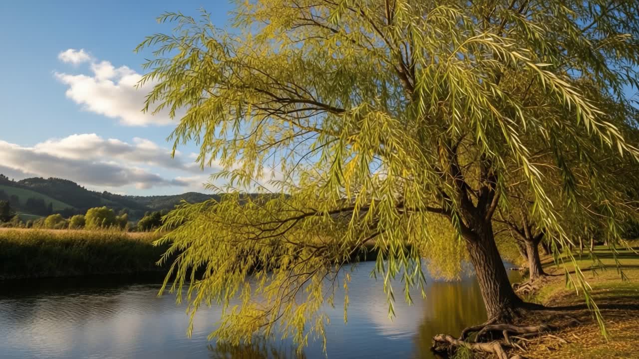 A Serene View of a Lush Willow Tree by a Tranquil Riverbank Under a Clear Blue Sky Illuminated by Soft Sunlight
