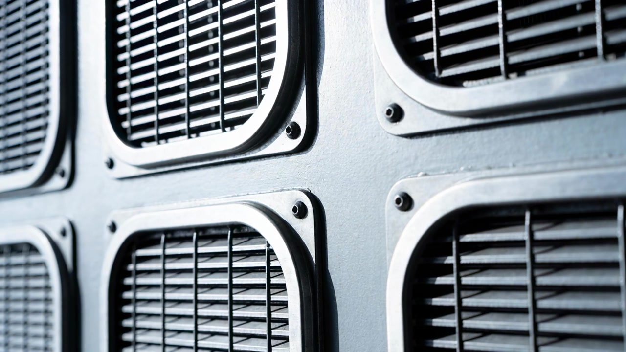Shifting camera moving right, adjusting focus to document metal panel, vent grilles louvers screws