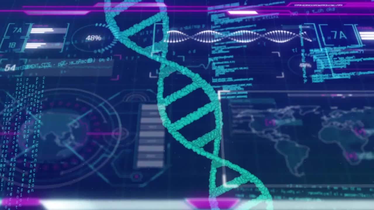 Animation of dna strand over data processing on black background