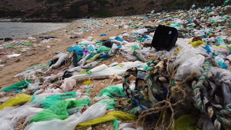 plastic bags and marine debris littering sandy beach in vietnam