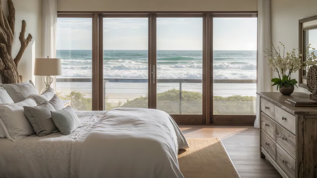 Shifting sunlight and rolling surf casting moving light across king-size bed, marking morning