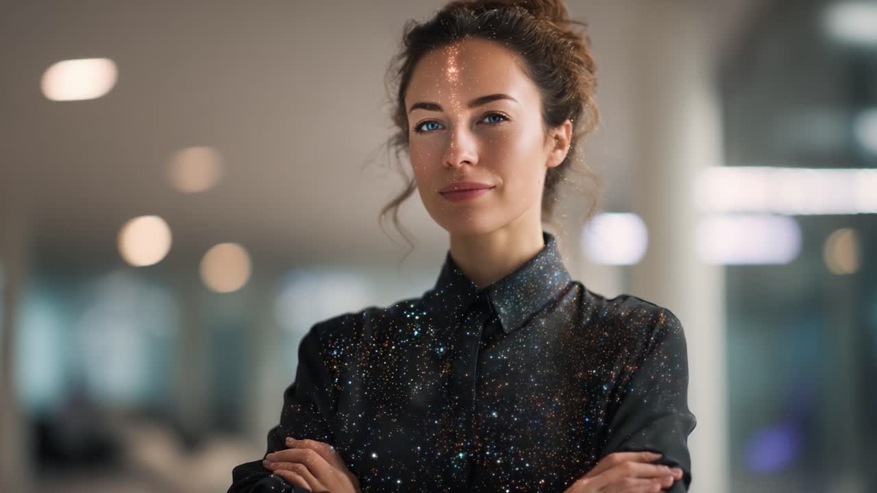 Professionista sicura di sé in camicia nera scintillante con un affascinante motivo galattico, che mostra determinazione ed eleganza in uno spazio di lavoro moderno