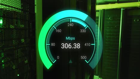 animation of data processing and server room over speedometer