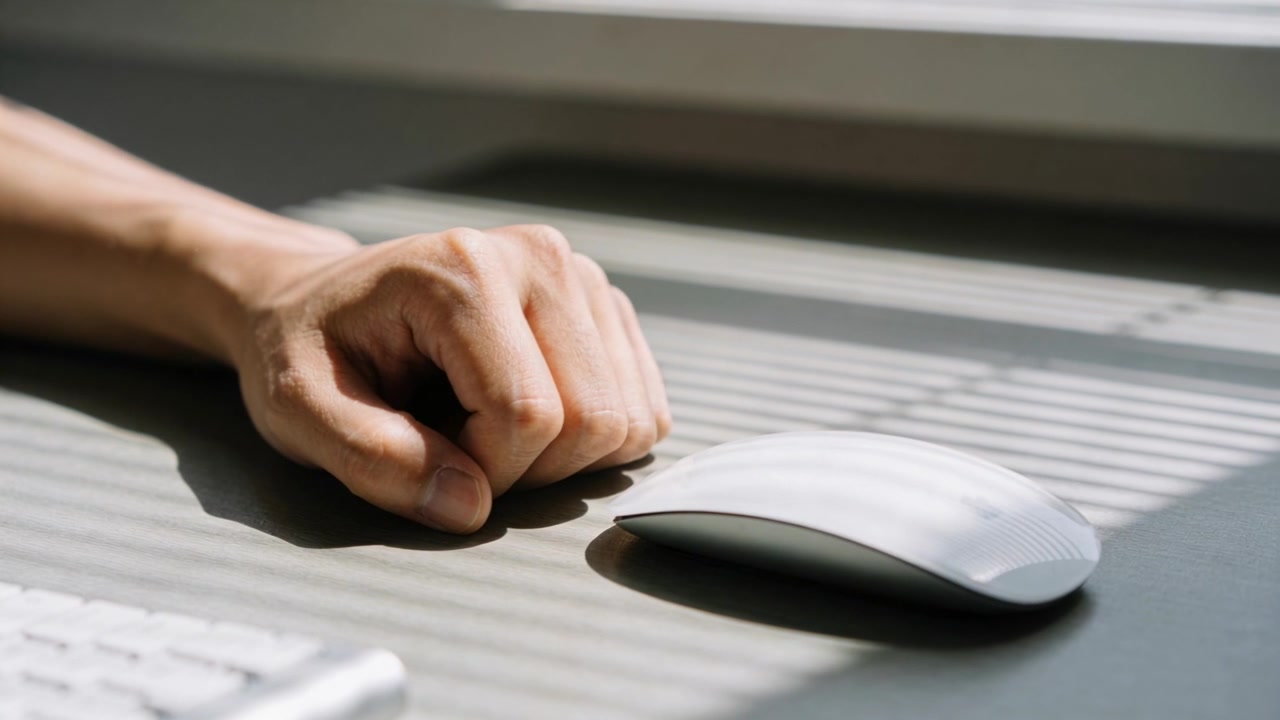 Resting right hand pausing during work while sun streaming through blinds, with white mouse
