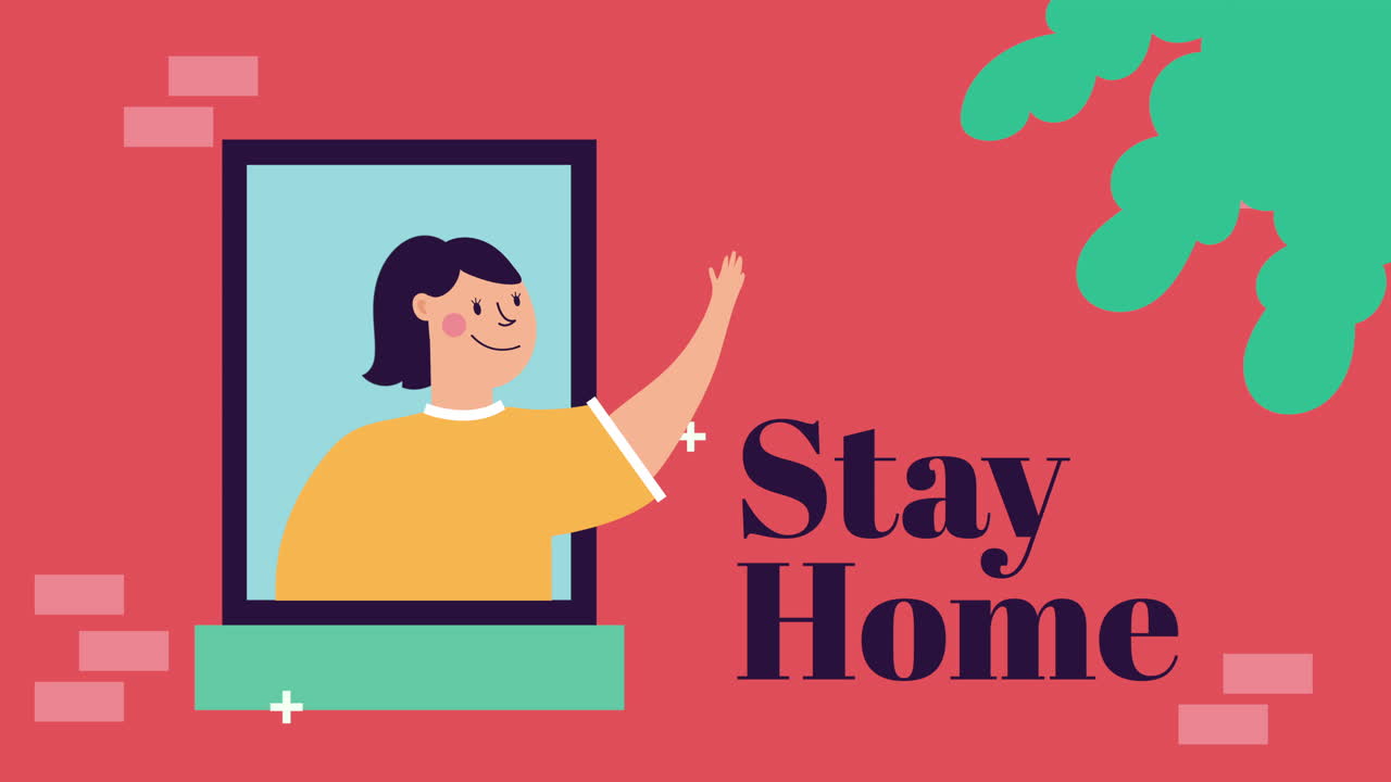 mujer en la ventana del apartamento campaña de quedarse en casa