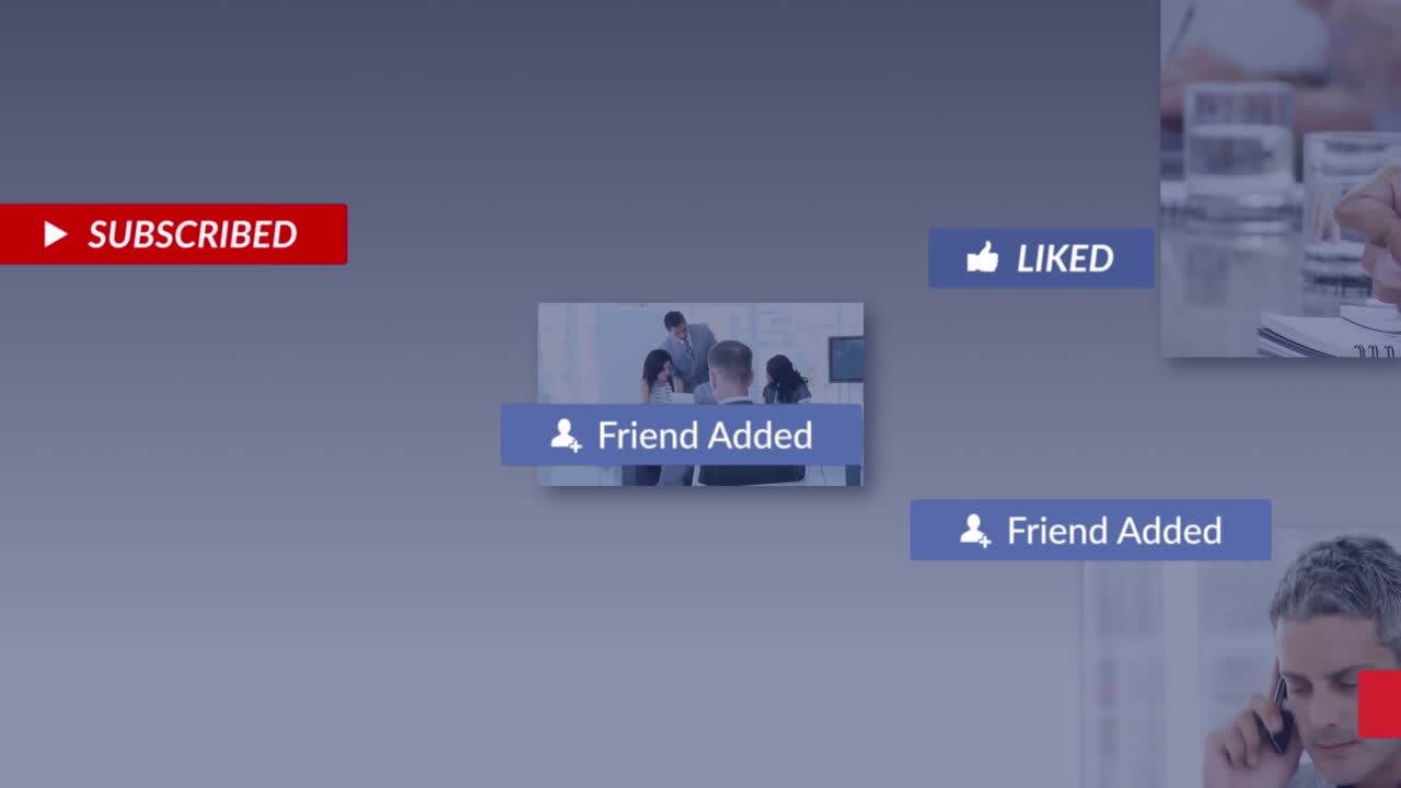 회색 배경에 비즈니스 데이터 처리를 가진 소셜 미디어 아이콘과 화면의 애니메이션