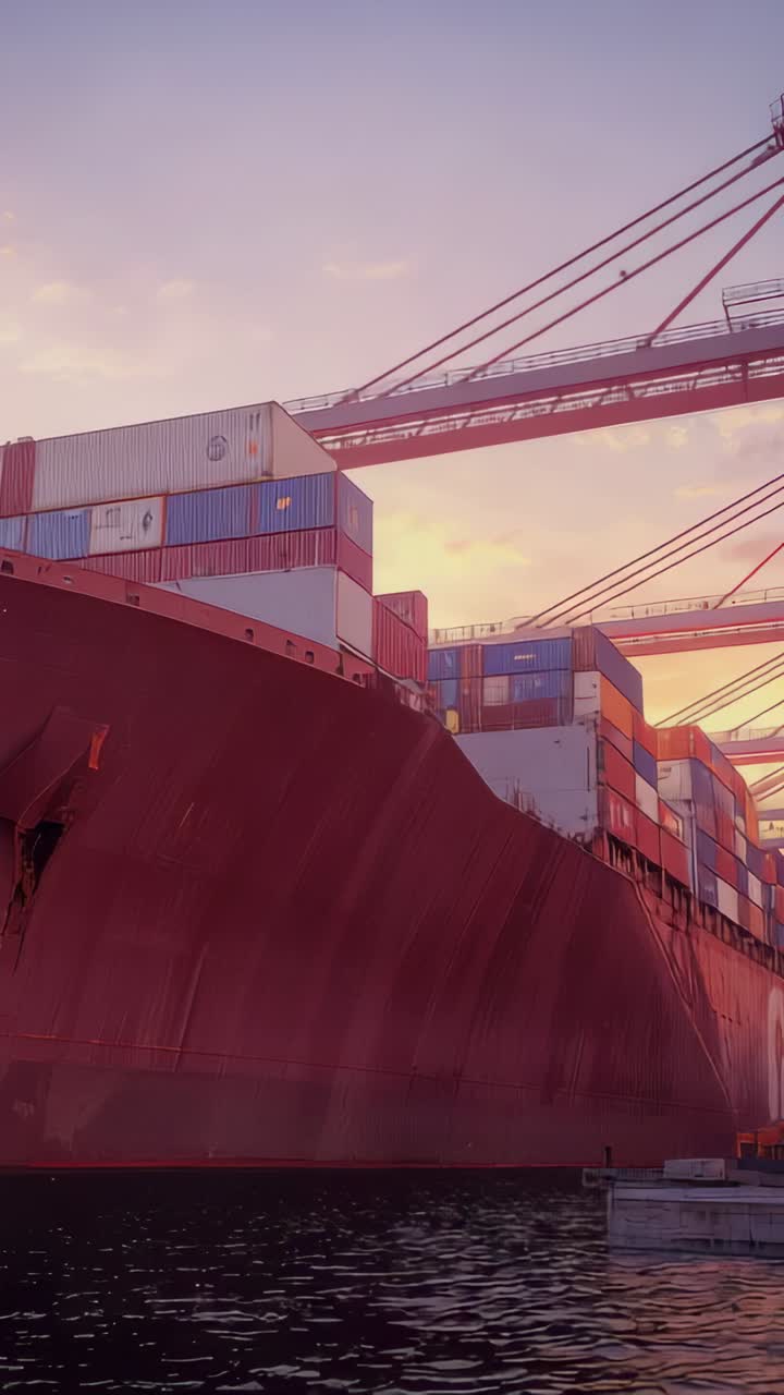 Vertical video: Reflecting light as sun lowering, large container ship sitting at port under cranes