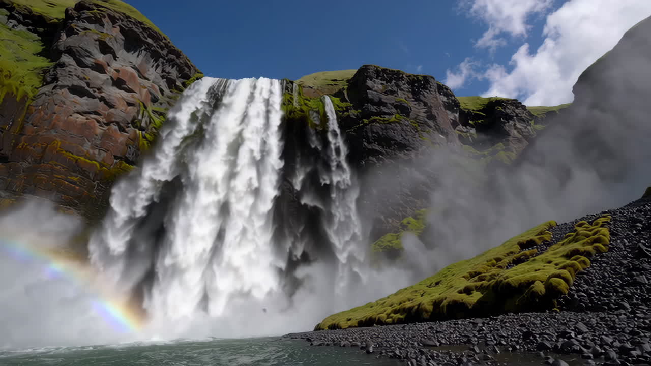 Majestic Skógafoss Waterfall with Rainbow in Iceland