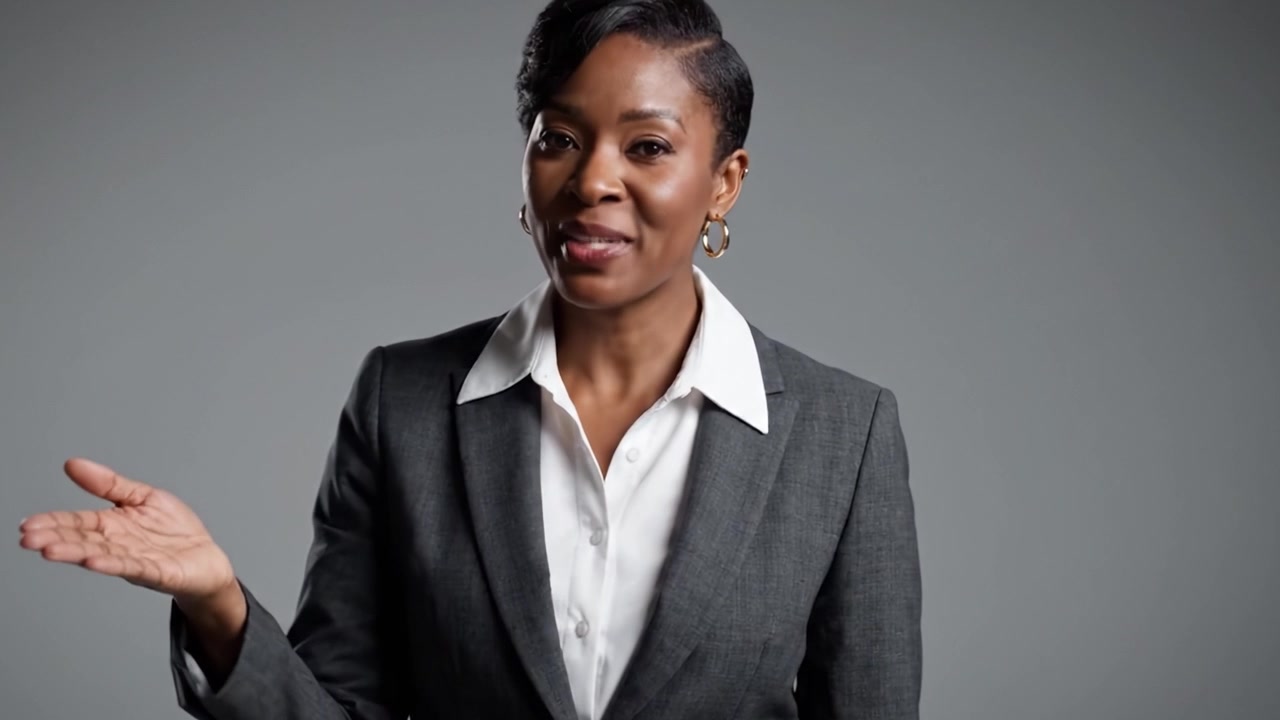 Confident Businesswoman Presenting Solutions with a Warm Smile and Professional Attire in a Studio Setting, Engaging the Audience Effectively