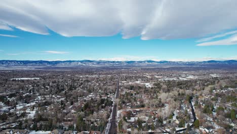 drone aerial view of denver, colorado suburb overlooking the rocky mountain