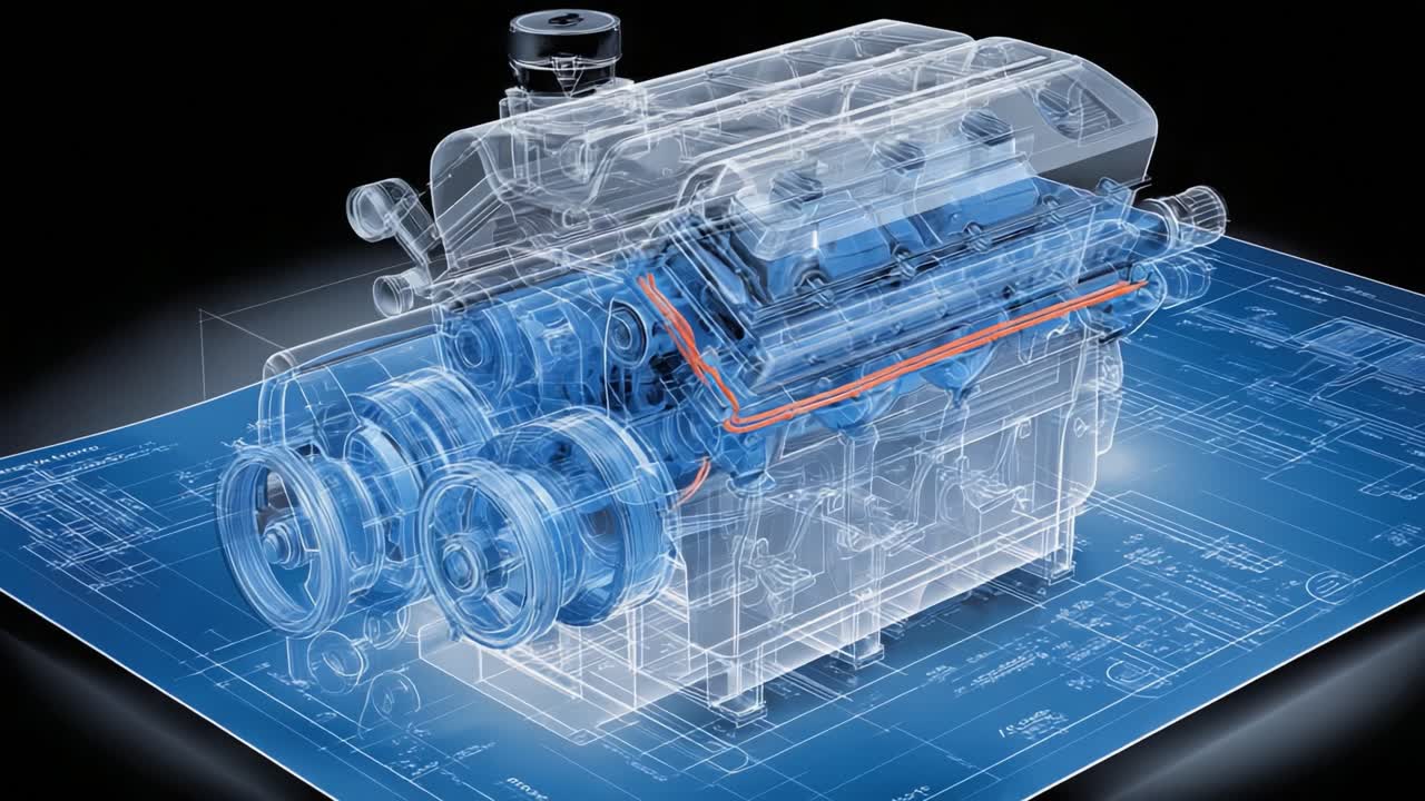 Detailed Visualization of an Engine: A Comprehensive Look at the Intricate Design and Mechanics of an Advanced Engine Model on Technical Blueprint Background