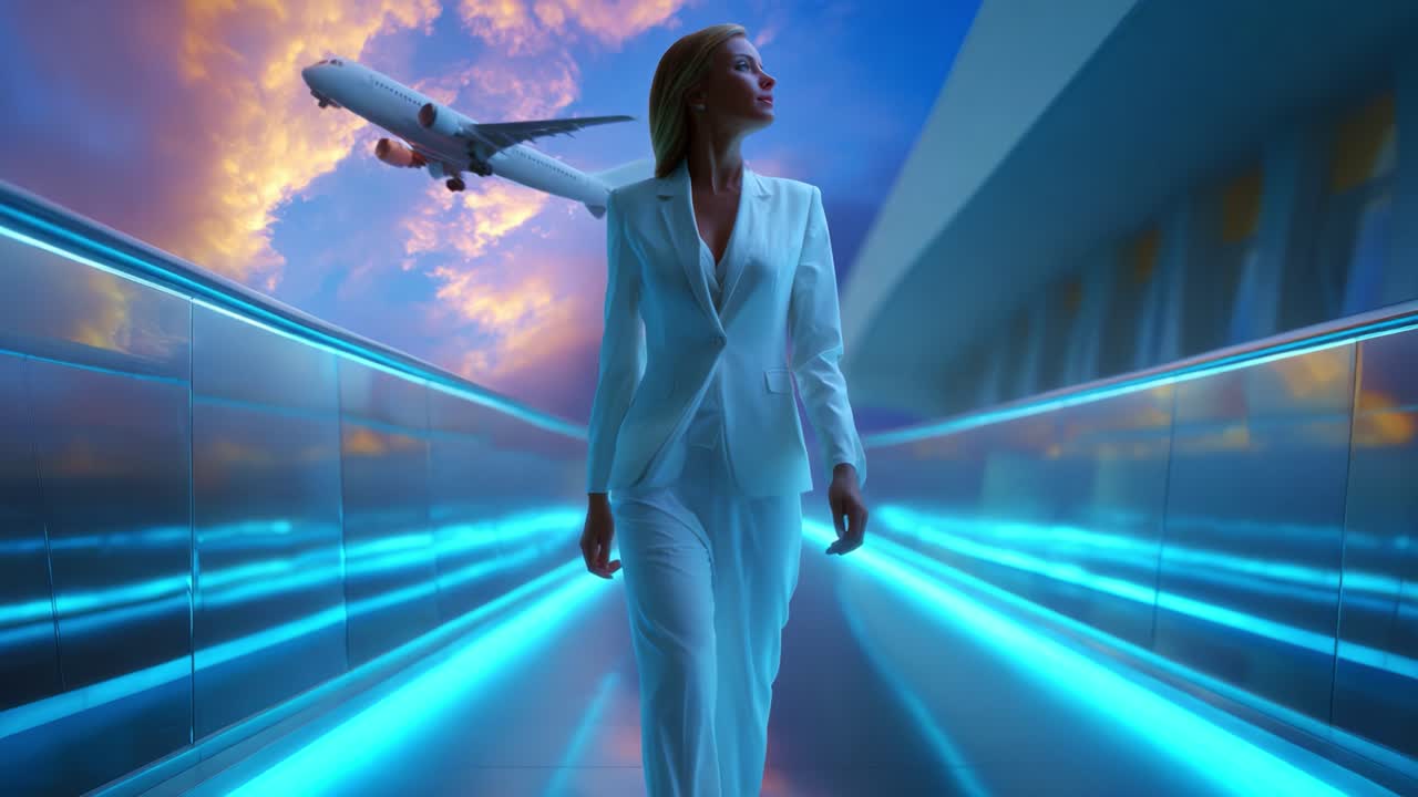 A Confident Businesswoman Strolling Through a Futuristic Airport Terminal Beneath a Stunning Sunset with an Airplane Departing Above, Embodying Modern Travel and Professionalism