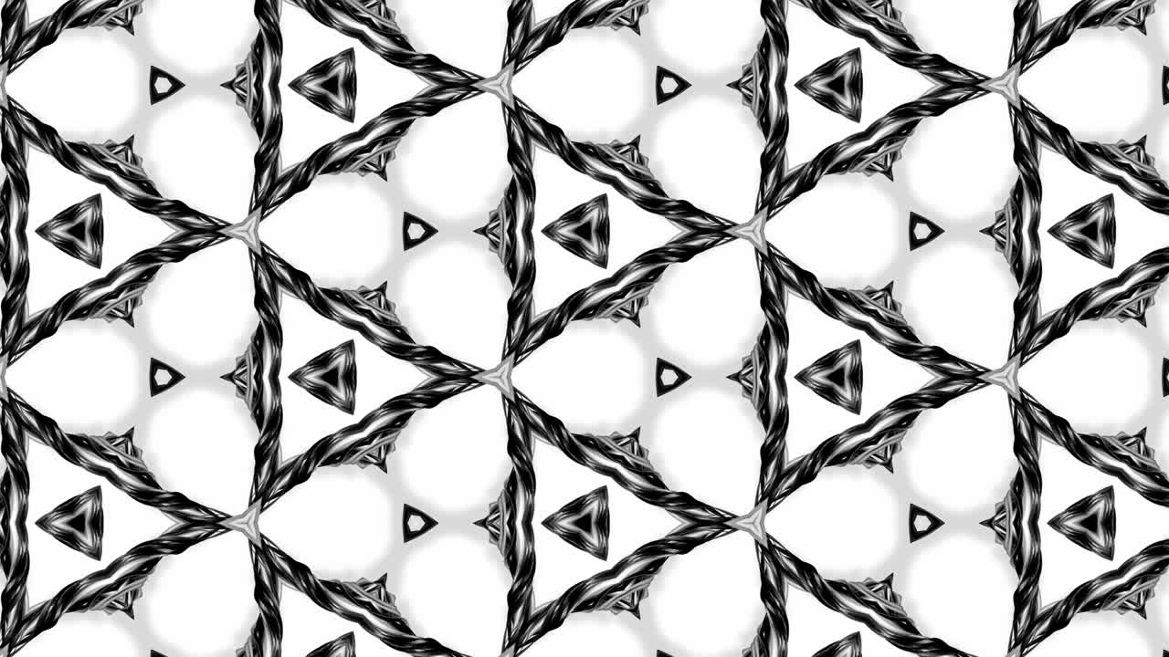 animación en bucle sin costuras de 4k de patrón en blanco y negro con cintas son retorcidas y forman estructuras circulares complejas como patrón de adorno simétrico o caleidoscópico