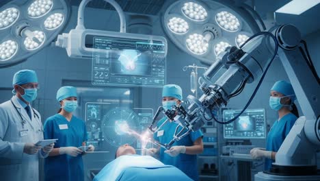 advanced robotic surgery in progress with medical team utilizing cutting-edge technology for precision treatment in a state-of-the-art operating room setting