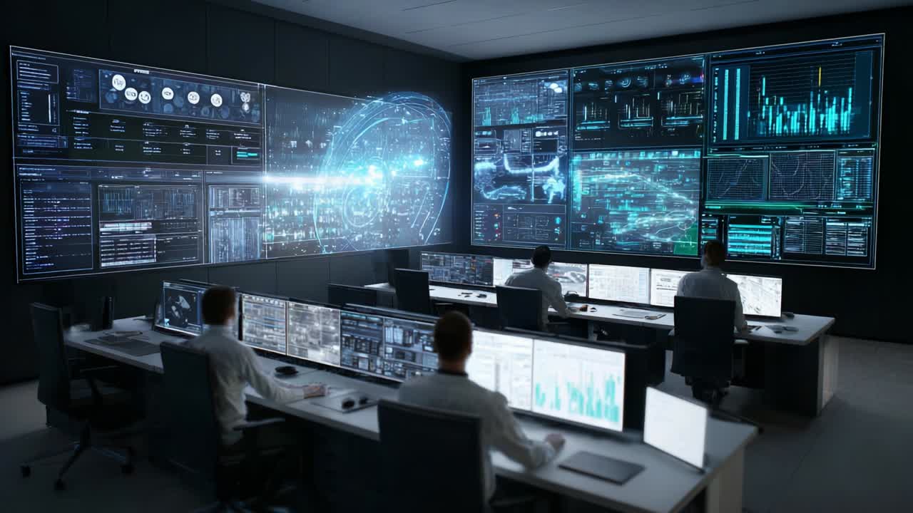 Advanced Control Room with High-Tech Interfaces and Data Displays Engaging a Team of Operators Analyzing Complex Information in a Futuristic Monitoring Environment