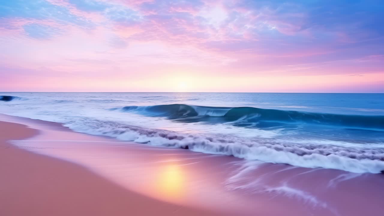 A serene beach at sunset with gentle waves and pastel skies, captured from a low angle