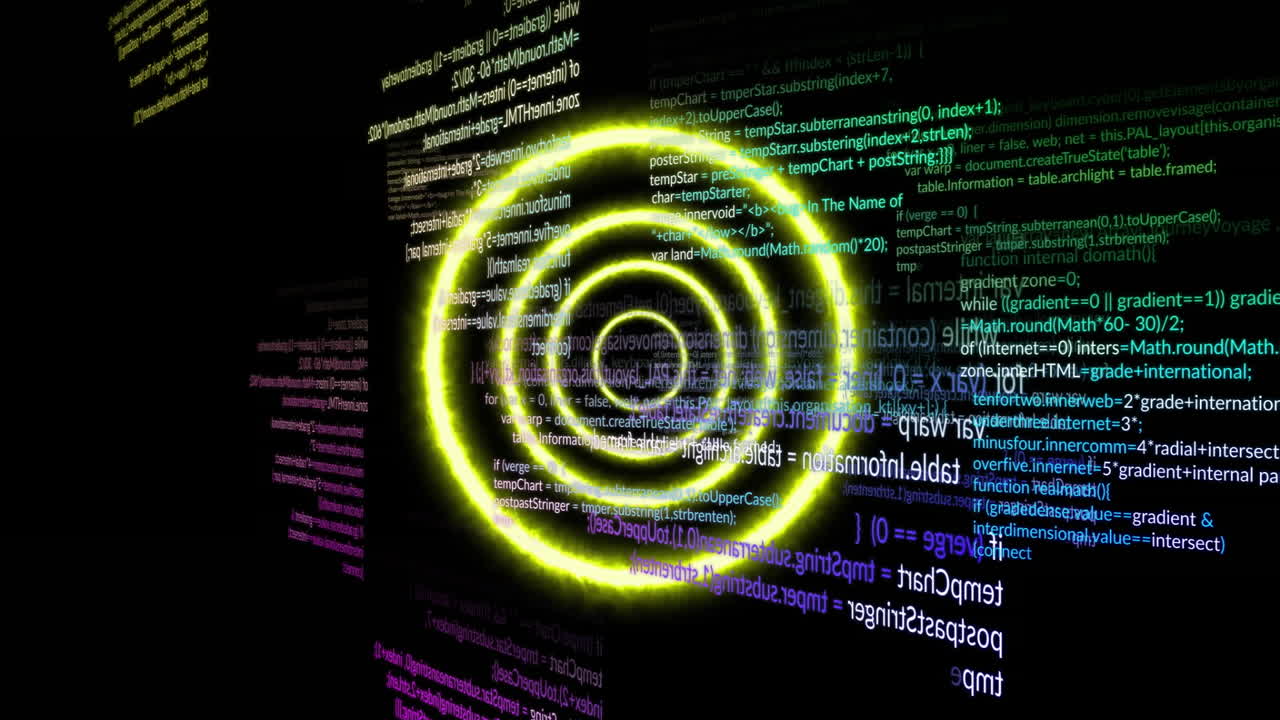 Animation of data processing over neon circles