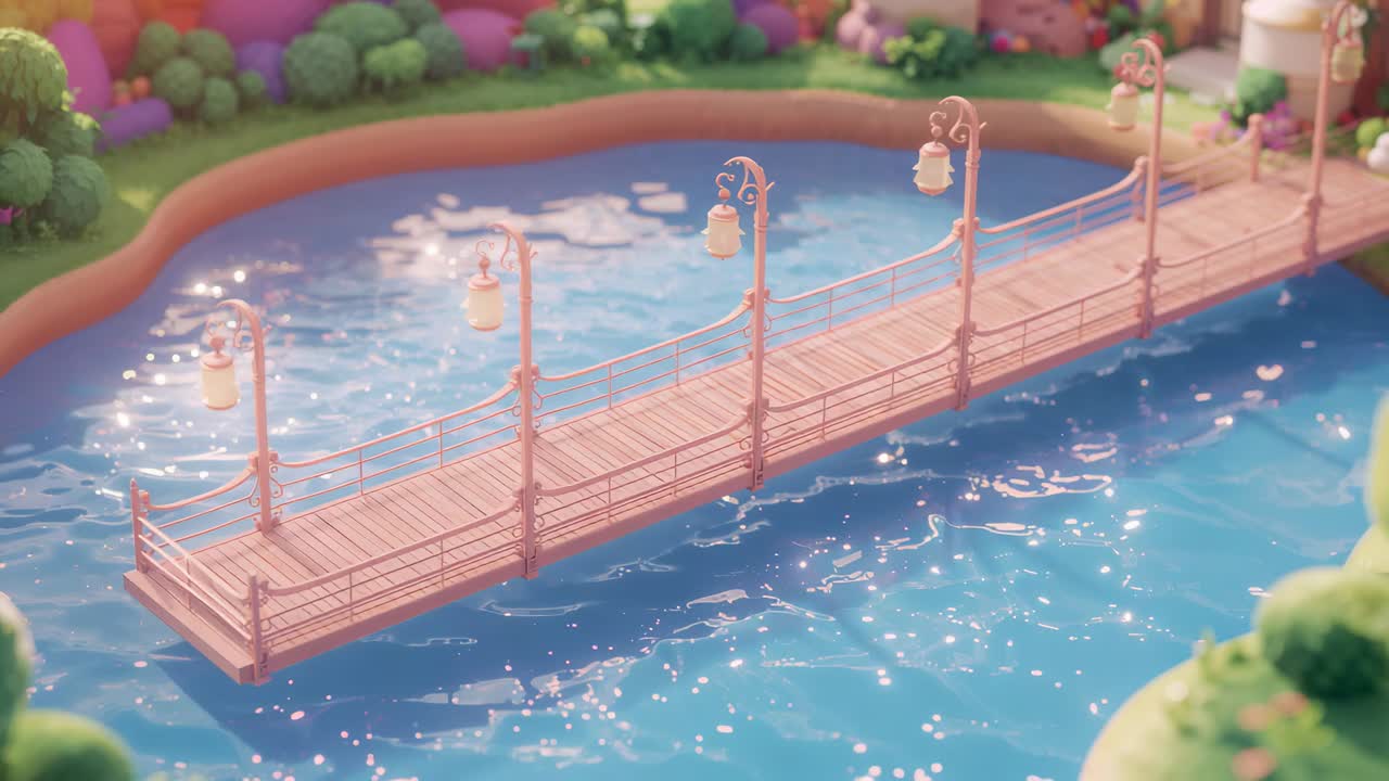 การแพนกล้องไปทางขวา เผยให้เห็นสะพานคนเดินเท้าไม้ที่สวนสาธารณะ พร้อมเสาไฟประดับ