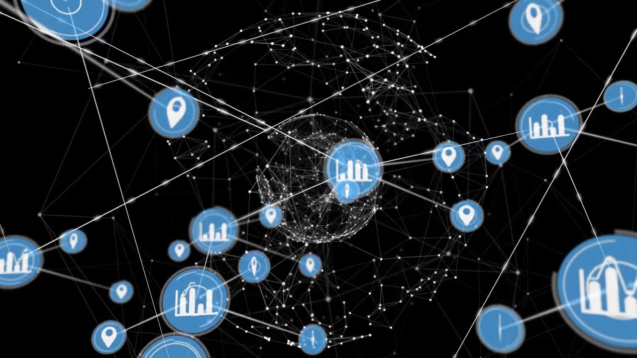 Animation of network of connections with icons over black background