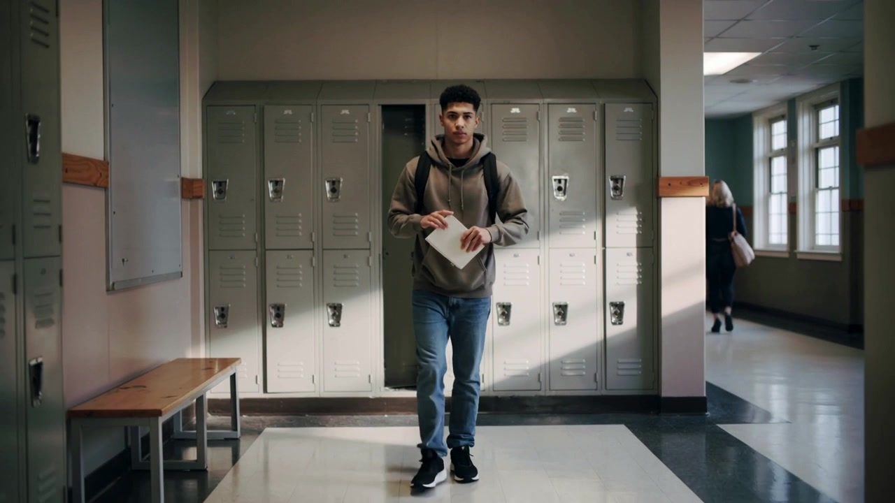 Reading student wearing gray hoodie and backpack closing locker then walking school hall with paper