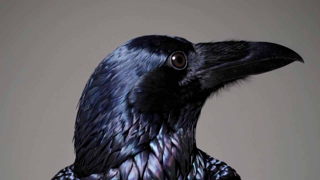 Video ravvicinato di un corvo di profilo, che mostra le sue piume lucide