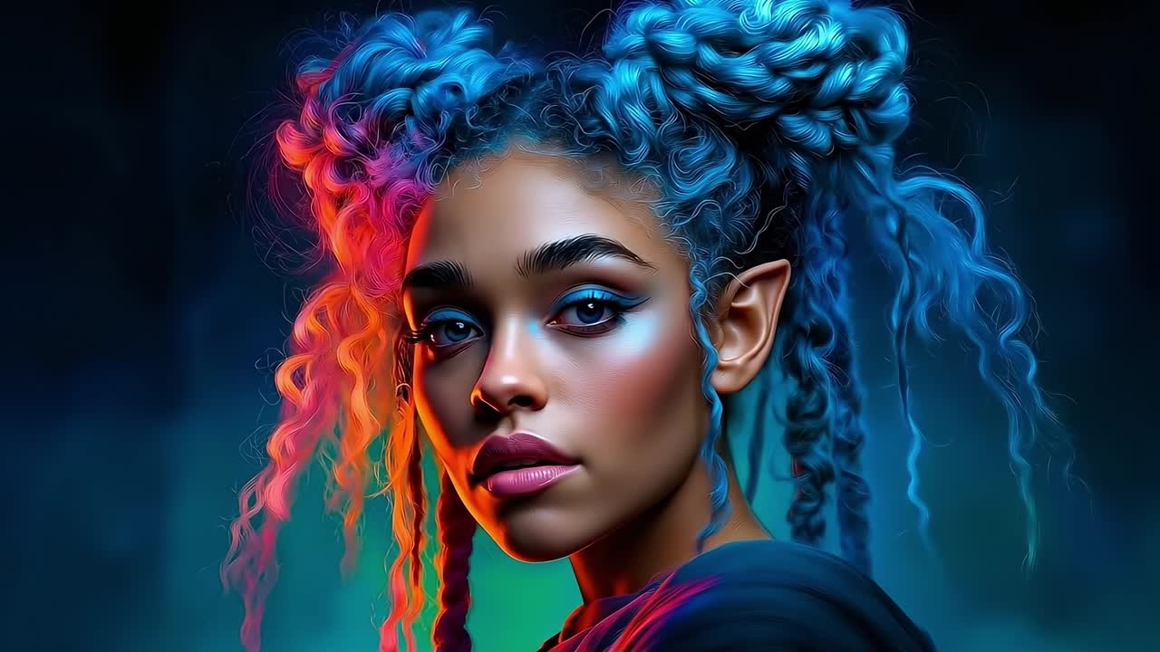 una mujer con cabello colorido y ojos azules