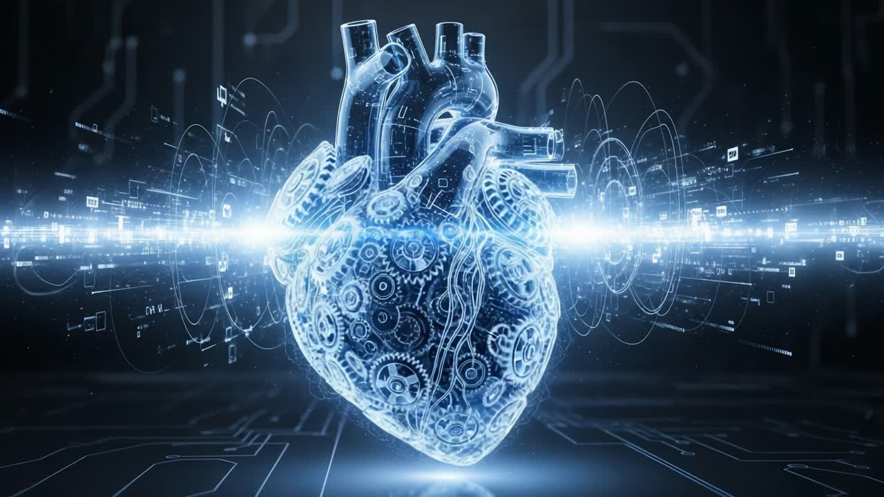 A Futuristic Heart: Merging Technology and Emotion in a Stunning Visual Display of a Mechanical Heart Surrounded by Digital Elements and Data Streams