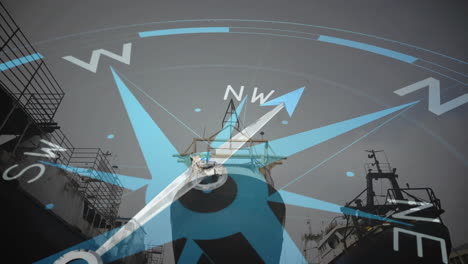 animation of compass spinning over shipyard