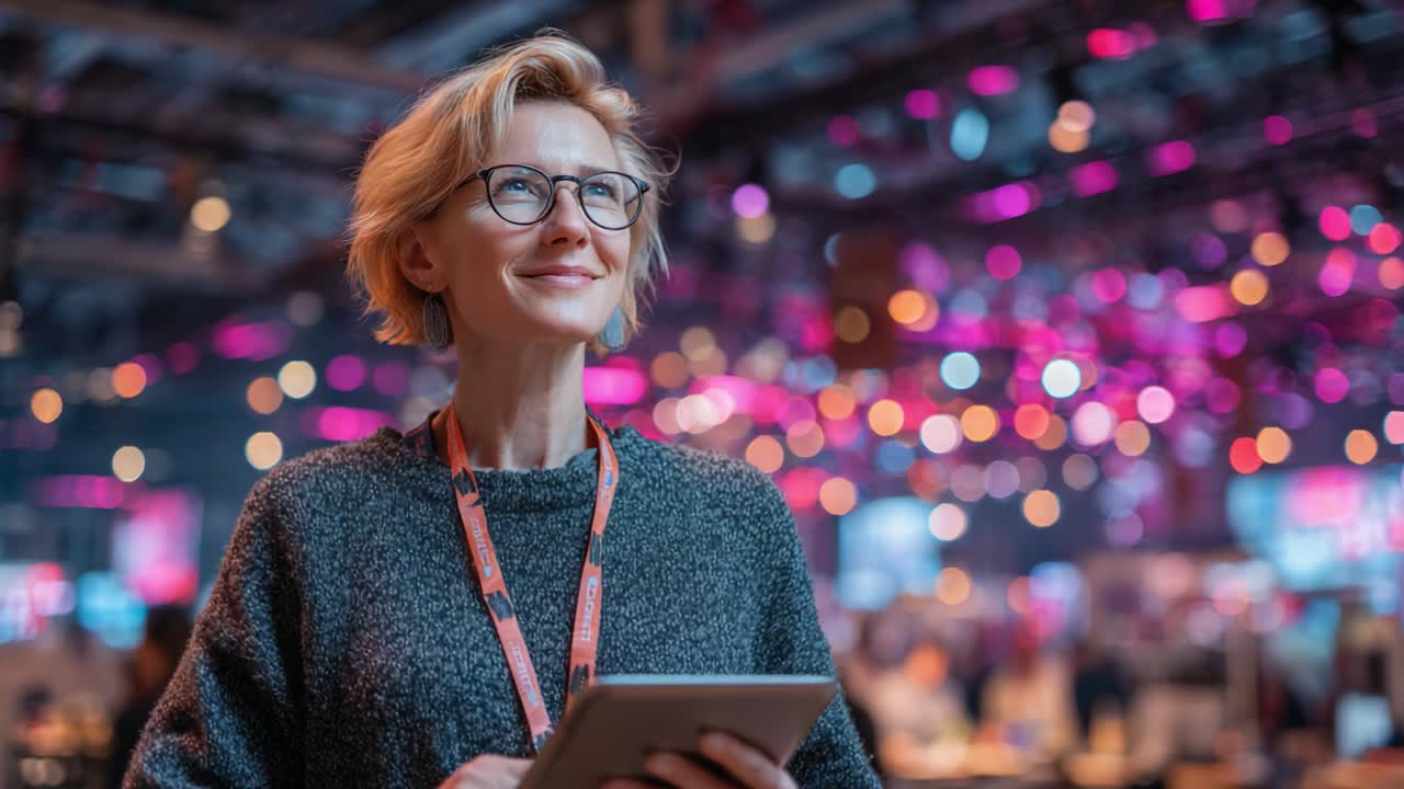 Inspiring Woman Holding a Tablet, Gazing Thoughtfully Amidst a Vibrant Event Setting with Colorful Bokeh Lights, Capturing Modern Professionalism and Engagement