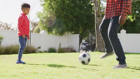 happy african american father and his son playing football in garden