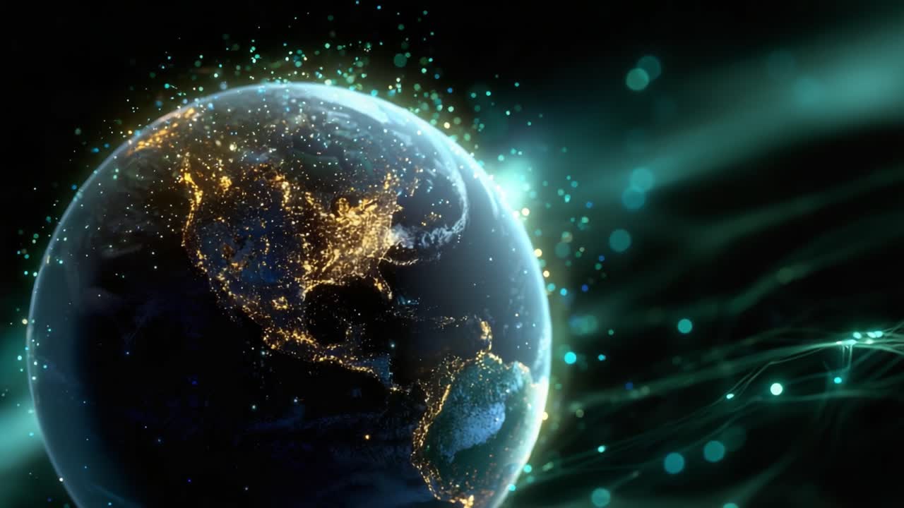 Una splendida immagine composita della Terra illuminata dalle luci della città con particelle di luce che illustrano una mistica atmosfera cosmica
