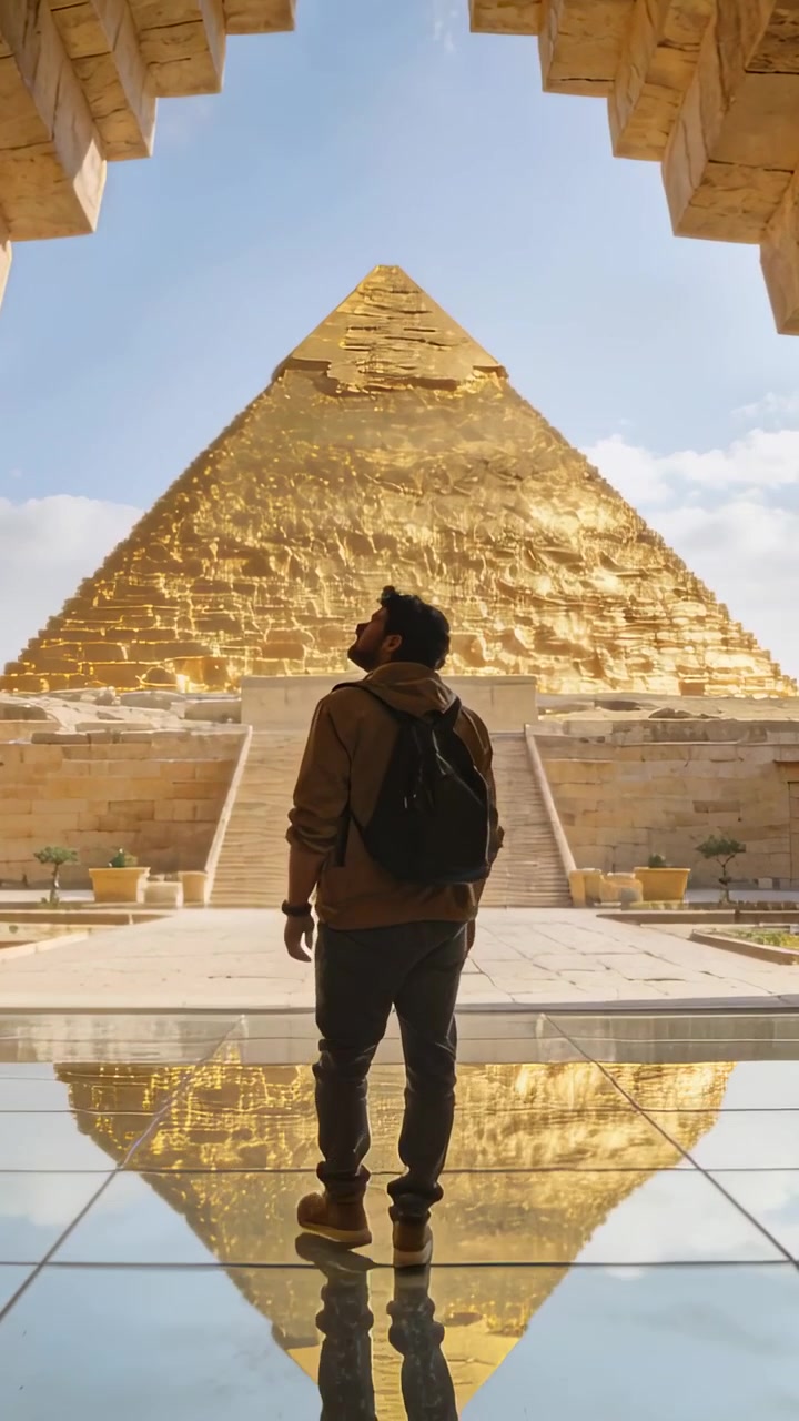 Video verticale: un uomo con felpa con cappuccio e zaino entra e si avvicina a una piramide nel sito, osservando uno specchio.
