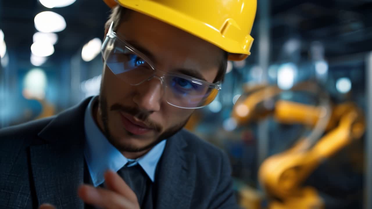 Young engineer wears safety gear and observes robots. His focused gaze shows deep concentration on machinery. Factory lights blur softly behind him, adding depth. He gestures thoughtfully