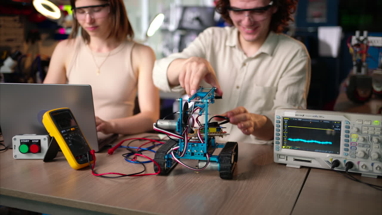 Two young happy engineers fixing a mechanical robot car in the workshop, computer programming
