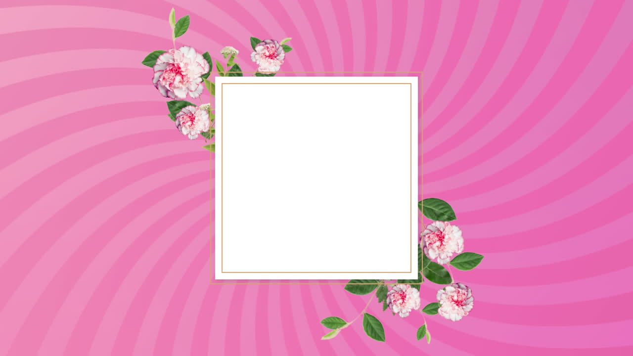 Quadrato bianco con foglie e fiori su strisce rosa rotanti