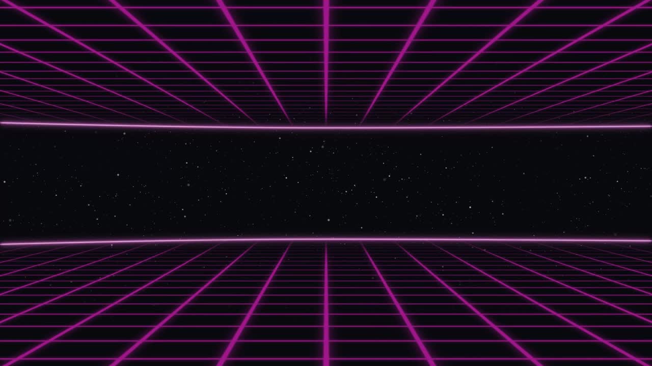 Griglia animata retro-futuristica anni '80 luminosa, in stile synthwave cyberpunk.