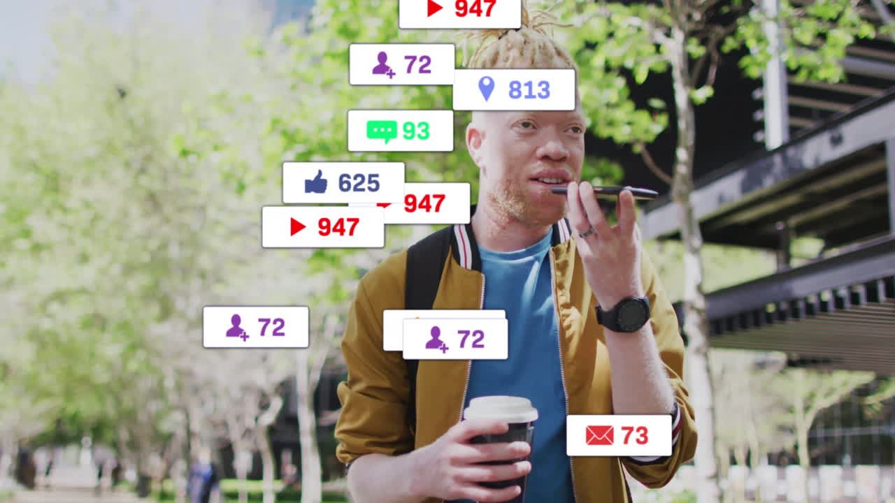 In animation, man using smartphone with social media notifications surrounding him