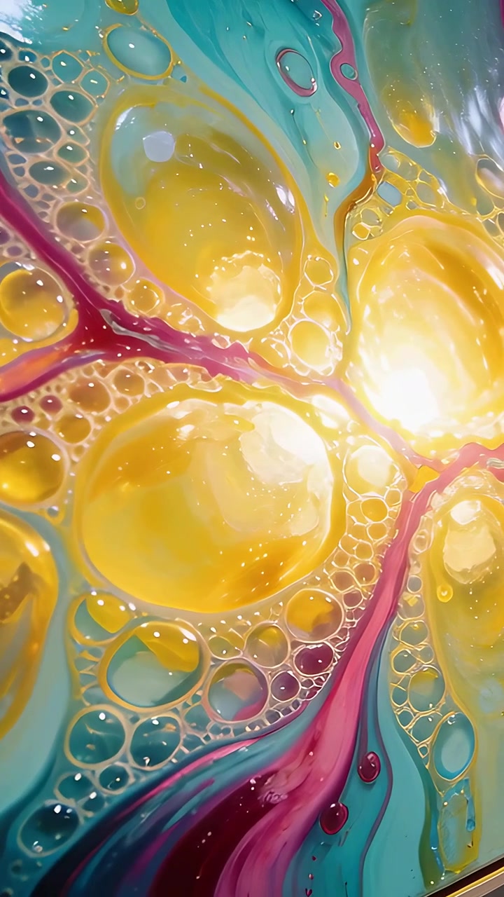 Video verticale: Telecamera che si inclina mostrando un quadro di pittura fluida incorniciato alla parete, evidenziando la lucentezza sulle celle gialle.