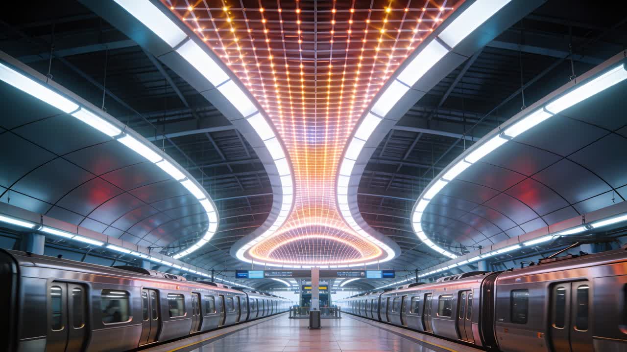 Area della piattaforma centrale che mostra un soffitto a griglia LED, mentre un segnale fa muovere i treni per una demo di transito.