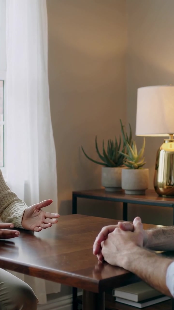 Vertikal video: Hvilende hænder forklarer derefter, kvinde i striktrøje gestikulerer ved hjemmebord, lampe